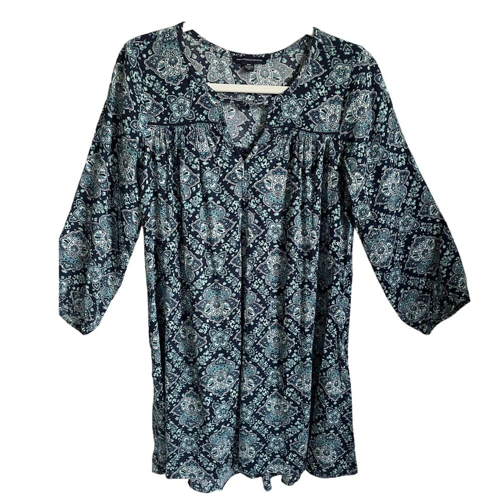 American Eagle Mini Dress Sz S Blue Medallion Print Keyhole Neck Peasant Boho